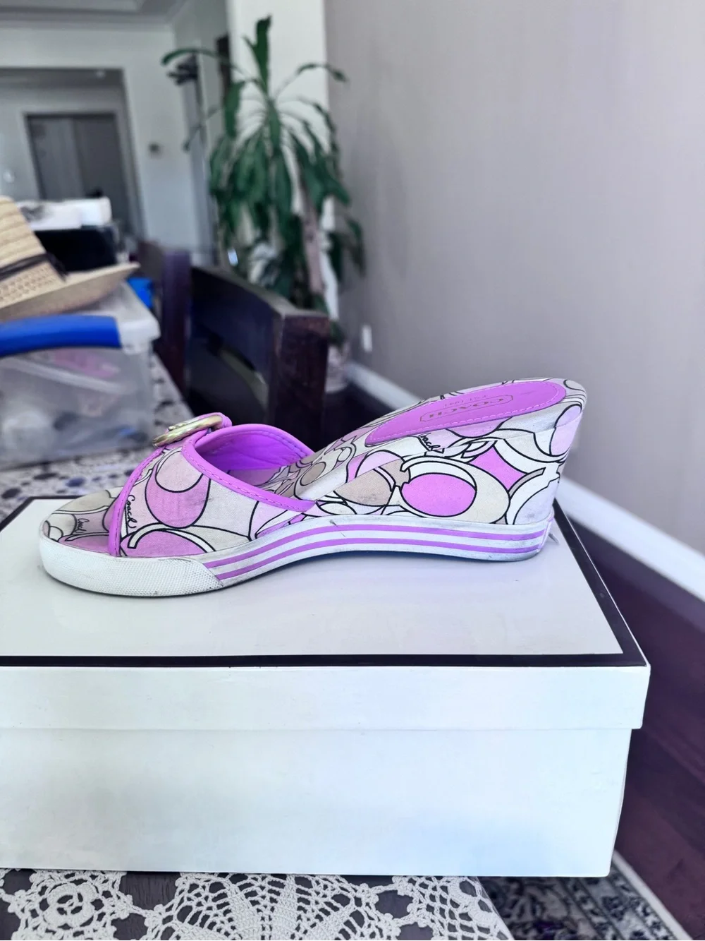 Coach Pink Signature Print Slide with Gold Buckle